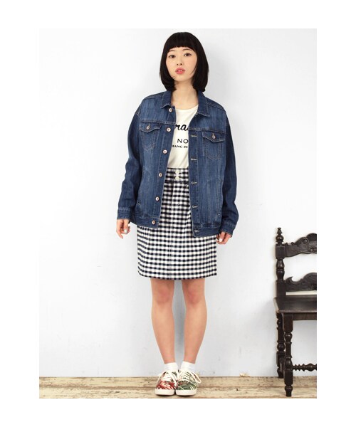 w closet(ダブルクローゼット)の「10ozスラブインディゴデニムGジャン(トップス・レディース・ブルー×デニム/オフホワイト×カツラギ/イエロー×カツラギ・FREE)」の10枚目の写真