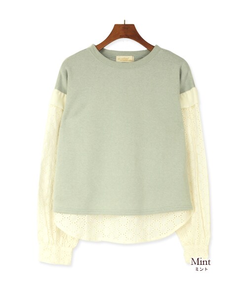 w closet（ダブルクローゼット）の「裏毛×袖レースクルーネックプルオーバー（トップス・レディース・オフホワイト/ミント/グレー・FREE）」の3枚目の写真