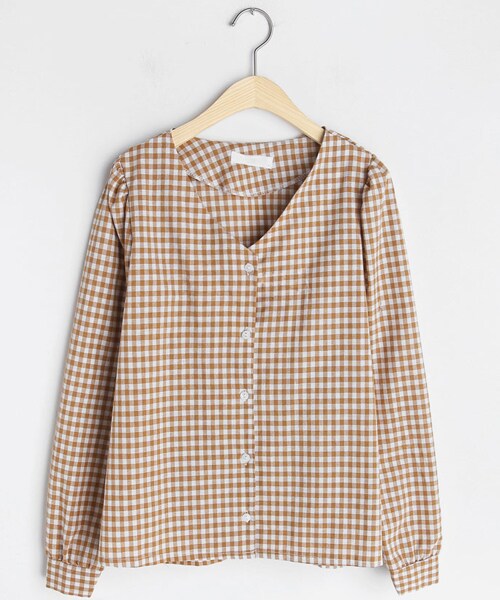 DHOLIC（ディーホリック）の「Vネックパフスリーブチェックブラウス（シャツ/ブラウス・レディース・ブルー/ブラック/ベージュ/イエロー・FREE）」の3枚目の写真