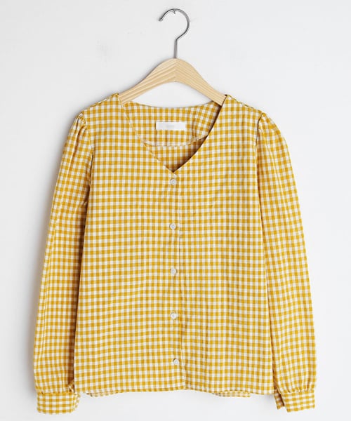 DHOLIC（ディーホリック）の「Vネックパフスリーブチェックブラウス（シャツ/ブラウス・レディース・ブルー/ブラック/ベージュ/イエロー・FREE）」の4枚目の写真