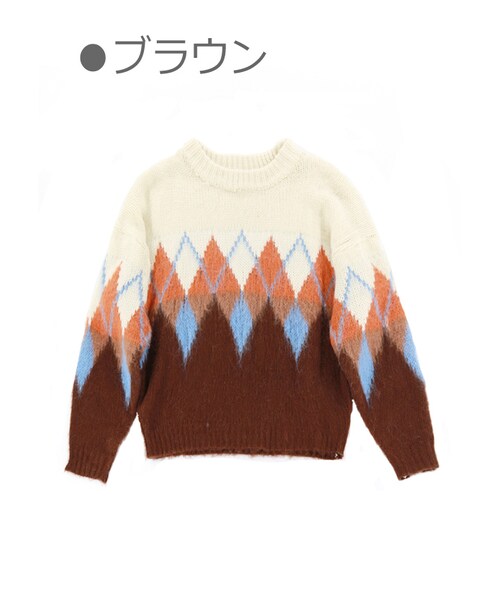 Bobon21（ボボンニジュウイチ）の「レトロガーリーダイヤ柄ニット -全２色-（ニット/セーター・レディース・ブルー/ブラウン・Free）」の2枚目の写真