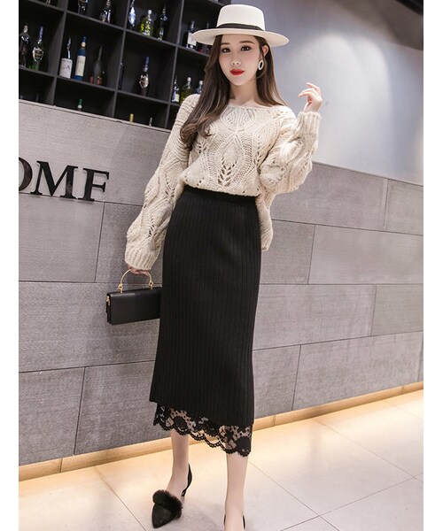 bodurine（ボドゥリネ）の「レースニットリバーシブルスカート*全3色*（スカート・レディース・그레이/블랙/브라운・one size）」の2枚目の写真