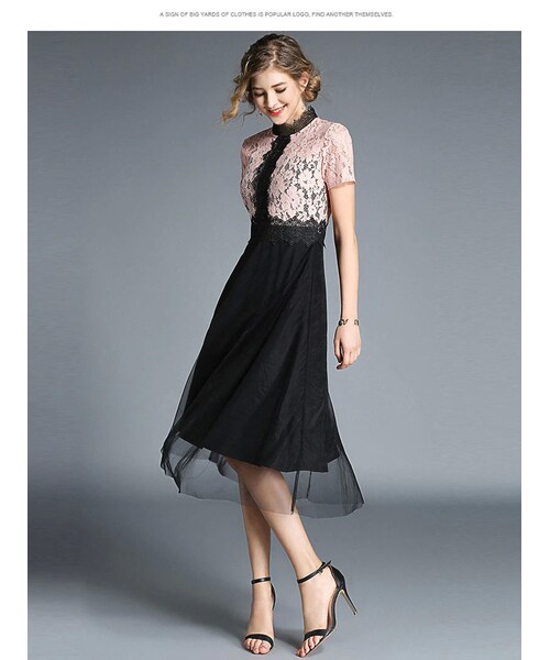 No Brand ノーブランド の バイカラー レ ス切り替えワンピース ハイネック ベージュ 結婚式 演奏会 二次会 お呼ばれ ドレス ロング 大きいサイズ 半袖 ひざ丈 ベージュ 黒 ブラック ワンピース Wear