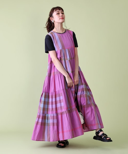 FREAK'S STORE インド綿マドラスチェックティアードワンピース　紫 FREAK'S STORE（フリークスストア）の「マドラスチェックティアード