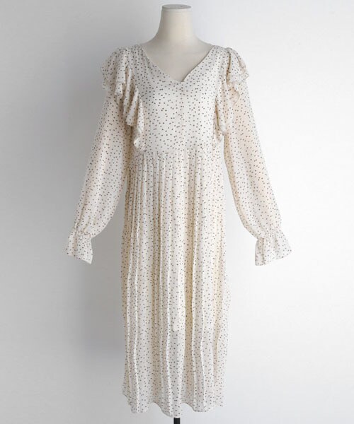 DHOLIC（ディーホリック）の「Vネックフリルプリーツパターンワンピース（ワンピース・レディース・ブラウン/ベージュ・FREE）」の2枚目の写真