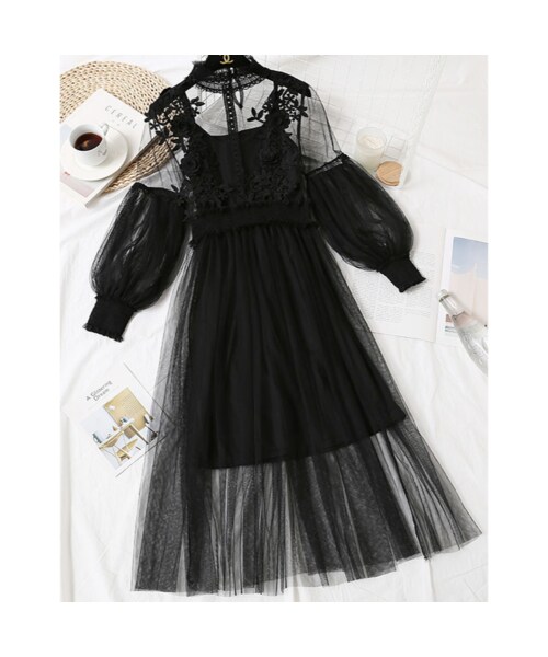 No Brand ノーブランド の パフスリーブ刺繍ガーリーワンピース シースルー 花柄 フラワー バルーン袖 結婚式 ウエディング お呼ばれ パーティー ドレス ロング 大きいサイズ 春 長袖 ブラック 黒 ワンピース Wear