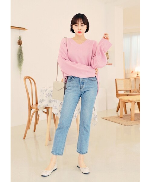 HOTPING（ホッピン）の「パステルカラーVネックニット（ニット/セーター・レディース・Blue/Yellow/Green/Pink・フリーサイズ）」の4枚目の写真