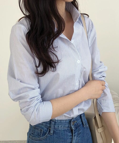 DHOLIC（ディーホリック）の「コットンストライプシャツ（シャツ/ブラウス・レディース・イエロー/ブルー/パープル/グリーン・FREE）」の3枚目の写真