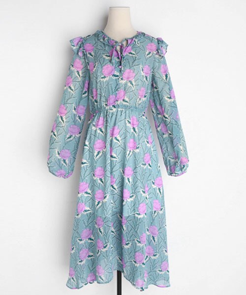 DHOLIC（ディーホリック）の「ネックリボンフリルフローラルワンピース（ワンピース・レディース・ブラック/ホワイト/グリーン・FREE）」の3枚目の写真