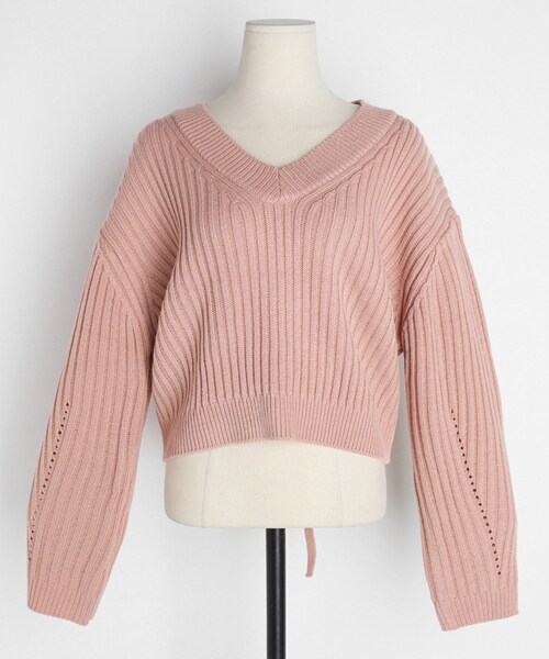 DHOLIC（ディーホリック）の「Vネックバックタイリブニット（ニット/セーター・レディース・ベージュ/ブルー/ホワイト/ピンク・FREE）」の4枚目の写真