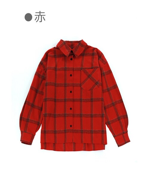 Bobon21（ボボンニジュウイチ）の「甘辛MIXチェック柄ビッグシャツ-全２色-（シャツ/ブラウス・レディース・ブラック/レッド・Free）」の2枚目の写真