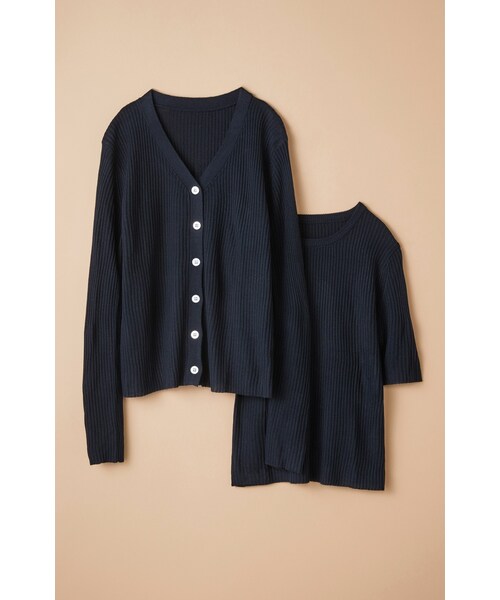 haco!（ハコ）の「いろんな気温に対応できてちゃんと女っぽい　リブニットアンサンブル　by que made me（トップス・レディース・ダークネイビー/アイボリー・L/LL/M/S）」の2枚目の写真