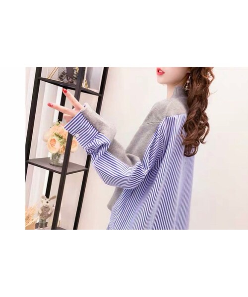 no brand（ノーブランド）の「CO019: 異素材ミックスシャツ型カーディガントップス（シャツ/ブラウス・レディース・その他）」の4枚目の写真