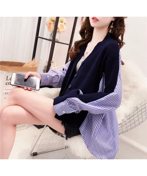 no brand（ノーブランド）の「CO019: 異素材ミックスシャツ型カーディガントップス（シャツ/ブラウス・レディース・その他）」の6枚目の写真