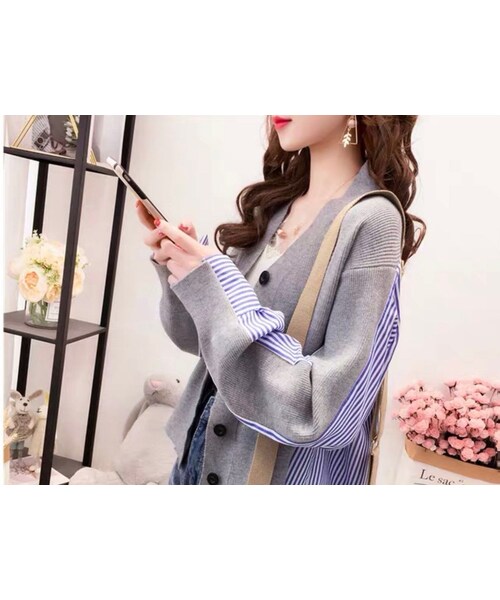 no brand（ノーブランド）の「CO019: 異素材ミックスシャツ型カーディガントップス（シャツ/ブラウス・レディース・その他）」の2枚目の写真