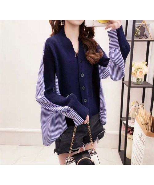 no brand（ノーブランド）の「CO019: 異素材ミックスシャツ型カーディガントップス（シャツ/ブラウス・レディース・その他）」の5枚目の写真