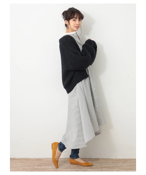 earth music&ecology(アースミュージックアンドエコロジー)の「・バンドカラーフレアシャツワンピース(ワンピース/ドレス・オフホワイト/グレーベージュ/ストライプ・F)」の7枚目の写真