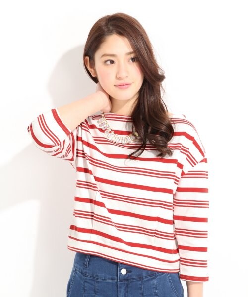 LOWRYS FARM（ローリーズファーム）の「２０／アソートボーダーボート8分袖（トップス・レディース・ブラック×均等ピッチ/ブラック×マリンピッチ/ブラック×変形ピッチ/レッド×均等ピッチ/レッド×マリンピッチ/レッド×変形ピッチ・Ｍ/Ｌ）」の6枚目の写真