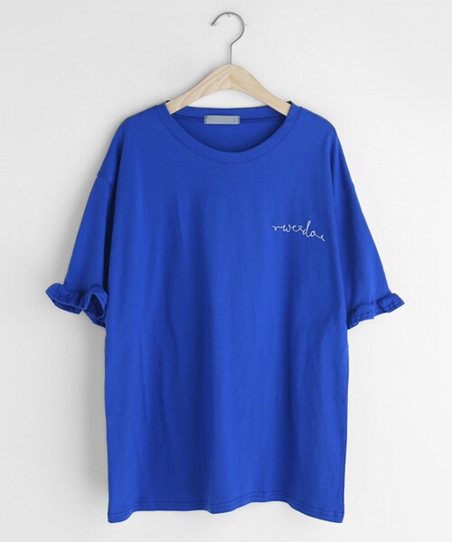 DHOLIC（ディーホリック）の「レタリング刺繍フリルスリーブTシャツ（Tシャツ/カットソー・レディース・ホワイト/ブラック/ブルー/イエロー・FREE）」の3枚目の写真