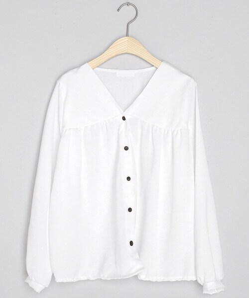 DHOLIC（ディーホリック）の「ギャザーVネックボタンブラウス（シャツ/ブラウス・レディース・グリーン/ホワイト/ピンク・FREE）」の2枚目の写真