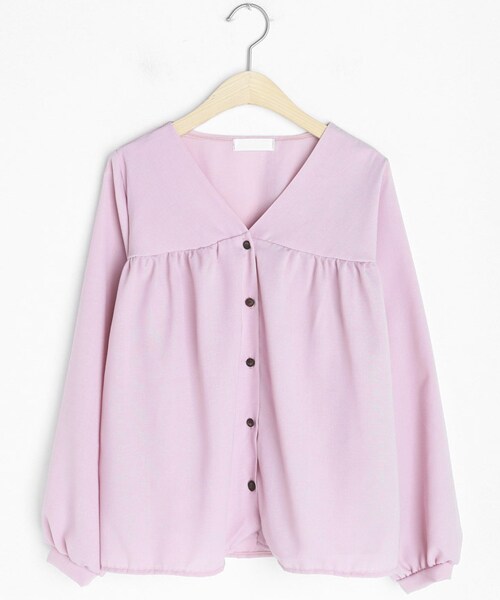 DHOLIC（ディーホリック）の「ギャザーVネックボタンブラウス（シャツ/ブラウス・レディース・グリーン/ホワイト/ピンク・FREE）」の3枚目の写真