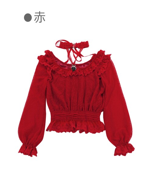 Bobon21（ボボンニジュウイチ）の「チョーカー付きドットシフォントップス-全３色-（シャツ/ブラウス・レディース・ホワイト/ピンク/レッド・S/M/L）」の3枚目の写真