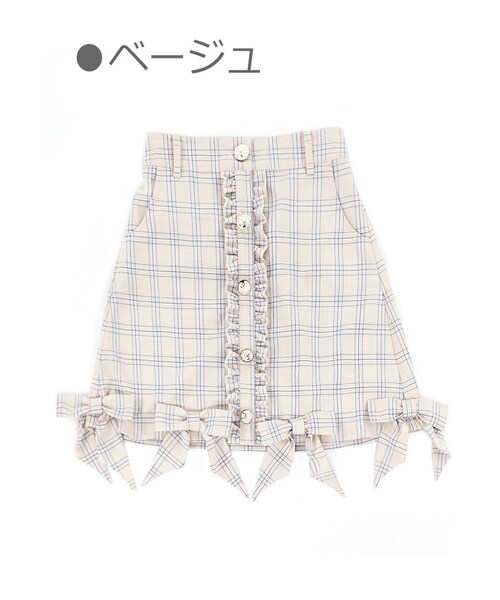 Bobon21（ボボンニジュウイチ）の「チェック柄裾リボンAラインスカート-全３色-（スカート・レディース・グレー/ベージュ/ピンク・S/M/L）」の2枚目の写真