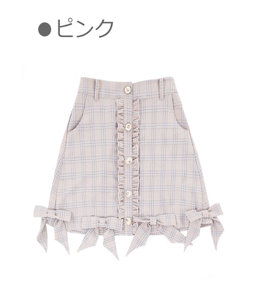Bobon21（ボボンニジュウイチ）の「チェック柄裾リボンAラインスカート-全３色-（スカート・レディース・グレー/ベージュ/ピンク・S/M/L）」の3枚目の写真