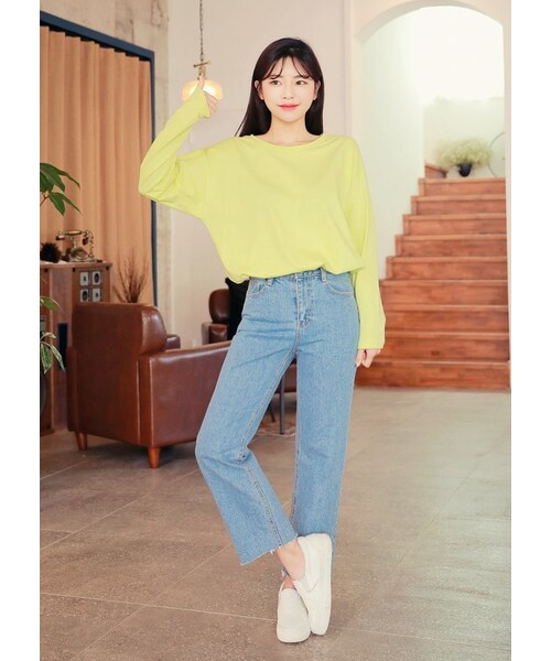 HOTPING(ホッピン)の「ルーズフィットコットンTシャツ(Tシャツ/カットソー・レディース・Oatmeal/Yellow/Red orange/White/Black・フリーサイズ/L-XL)」の4枚目の写真