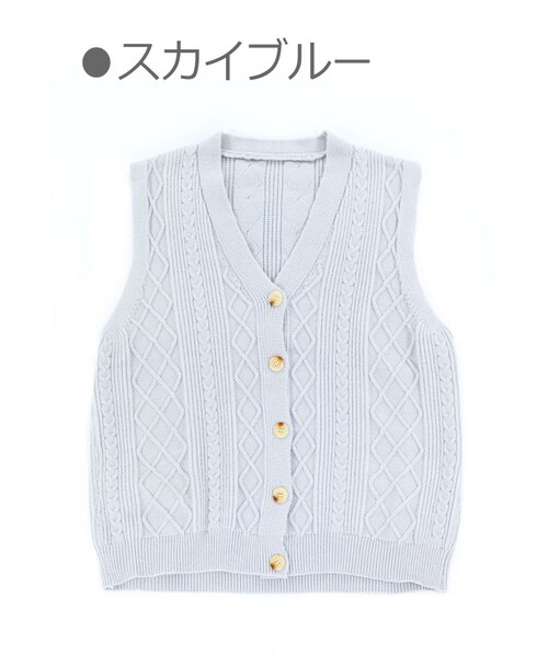 Bobon21（ボボンニジュウイチ）の「アラン模様オーバーサイズニットベスト-全２色-（ベスト・レディース・ベージュ/スカイブルー・Free）」の2枚目の写真