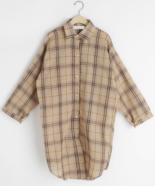 DHOLIC（ディーホリック）の「ボクシーチェックシャツワンピース（ワンピース・レディース・ベージュ/ブラウン・FREE）」の2枚目の写真
