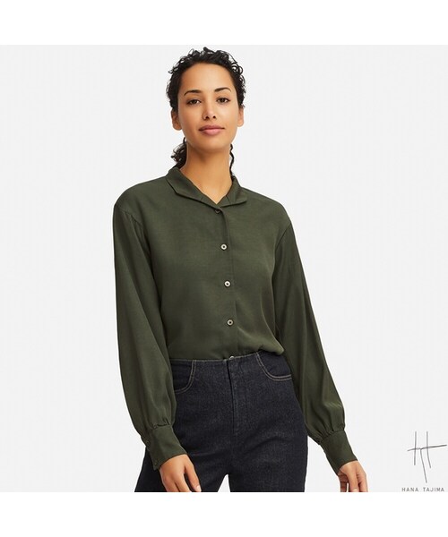 UNIQLO（ユニクロ）の「レーヨンオーバーサイズシャツ（長袖）（シャツ/ブラウス・レディース・WHITE 00/BROWN 34/DARK GREEN 58・S/L/XL/M）」の3枚目の写真