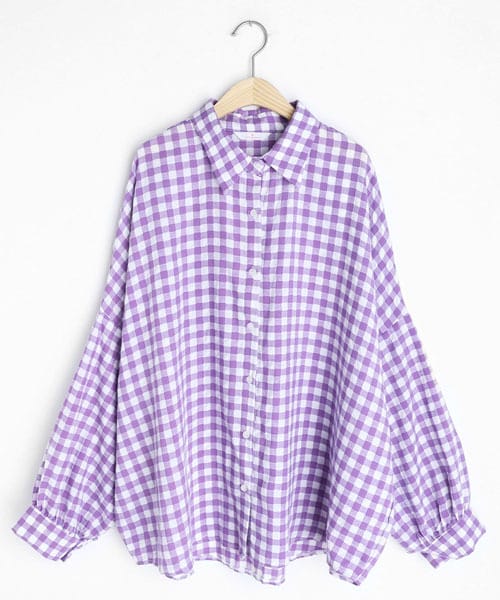 DHOLIC（ディーホリック）の「ギンガムチェックパフスリーブシャツ（シャツ/ブラウス・レディース・ブルー/オレンジ/パープル・FREE）」の2枚目の写真