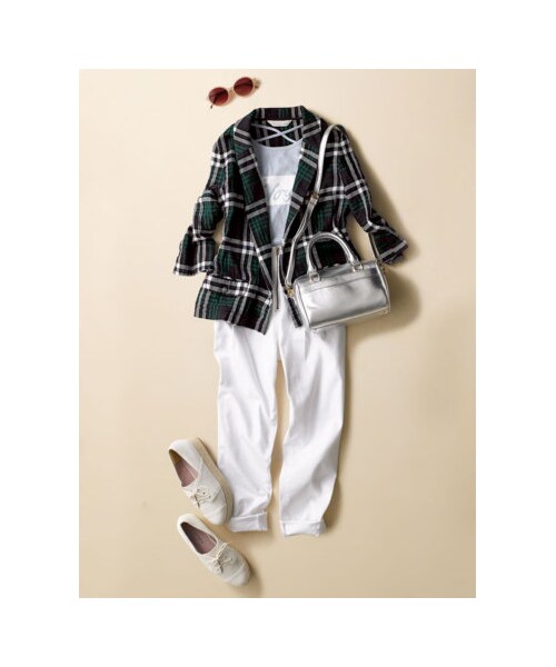 31 Sons de mode（トランテアン　ソン　ドゥ　モード）の「ショールカラーチェックジャケット≪ポイント10倍≫《予約アイテム》（ジャケット・レディース・モスグリーン・３６/３８）」の2枚目の写真