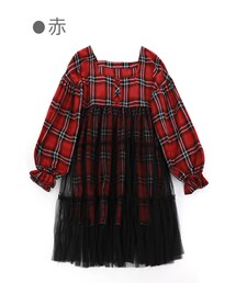 Bobon21 | チェック柄チュール付きワンピース-全2色-(ワンピース)