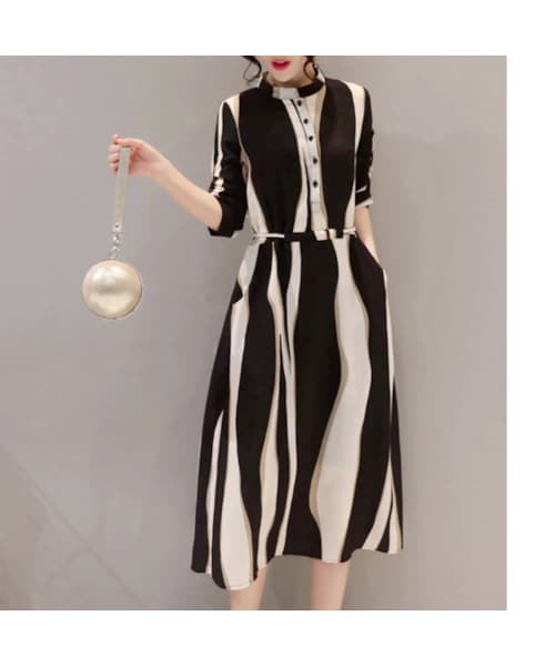 No Brand ノーブランド の ワンピース ミモレ丈 バックリボン 結婚式 ハイネック ドレス フォーマル パーティドレス 七分袖 ストライプ Aライン ワンピース Wear