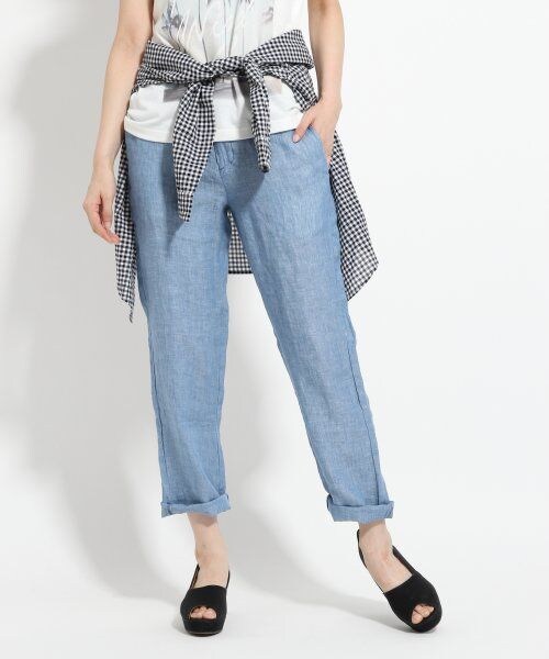 GLOBAL WORK(グローバルワーク)の「ベルギーリネンパンツ(パンツ・レディース・ブラック09/ブルー84/ストライプ87・S/M/L)」の2枚目の写真