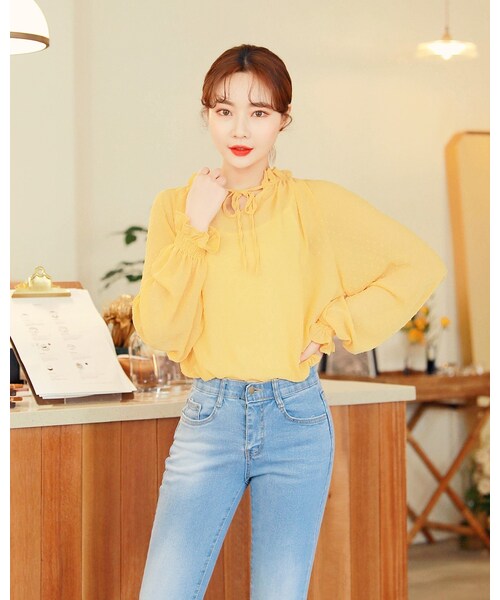 HOTPING(ホッピン)の「ネックリボンドットシアーブラウス(その他トップス・レディース・Pink/Yellow/Black・XS-S/M-L/XL-2XL)」の3枚目の写真