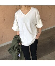 copine | ゆる可愛い！袖ロールアップVネックTシャツ (3color)【クリックポスト対象商品】(Tシャツ/カットソー)