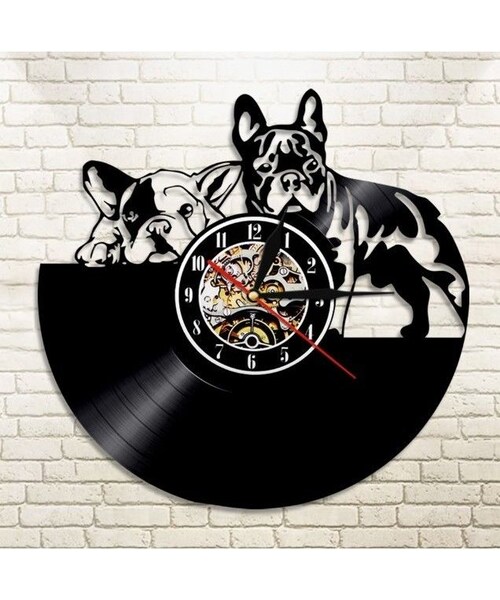 No Brand ノーブランド の 輸入雑貨 フレンチブル ドッグ 犬 Dog 壁アート ヴィンテージ 30cm レコード盤 壁掛け時計 人気 インテリア ディスプレイ １ 掛け時計 Wear