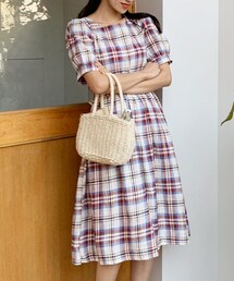 DHOLIC | チェックパフスリーブバックタイワンピース(ワンピース)