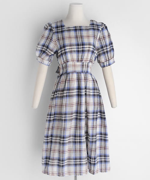 DHOLIC（ディーホリック）の「チェックパフスリーブバックタイワンピース（ワンピース・レディース・グリーン/レッド/ブルー・FREE）」の2枚目の写真