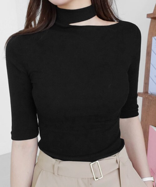 DHOLIC（ディーホリック）の「ネックサイドカットスリムTシャツ（Tシャツ/カットソー・レディース・ホワイト/ブラック/ブルー・FREE）」の2枚目の写真