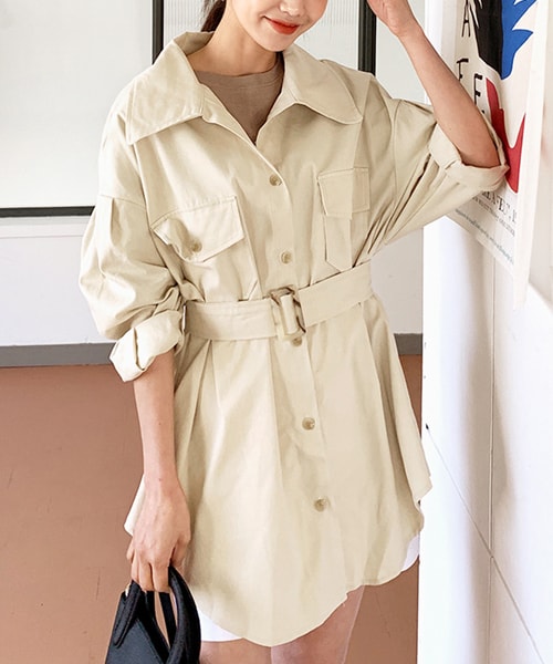 DHOLIC（ディーホリック）の「ベルトSETポケットシャツジャケット（その他アウター・レディース・ブラック/ベージュ・FREE）」の2枚目の写真