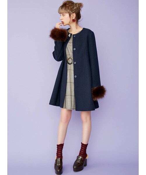 ダズリン Dazzlin ガーリー コート チェック【S】ウール混 黒白 dazzlin（ダズリン）の「【sw】ノーカラーガーリーコート