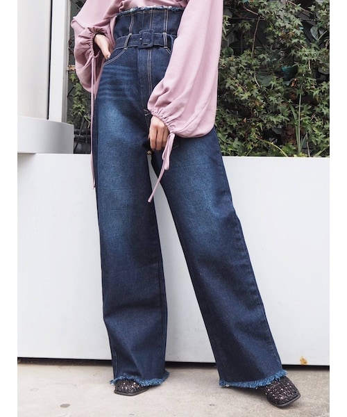 EMODA ダークブルー ハイウエストジーンズ EMODA（エモダ）の「2WAYスーパーハイウエストワイドジーンズ（デニム