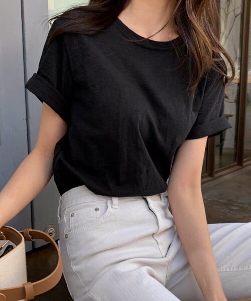 DHOLIC(ディーホリック)の「コットンハーフスリーブTシャツ(Tシャツ/カットソー・レディース・ホワイト/ブラック/ピンク/ブルー/イエロー・FREE)」の2枚目の写真