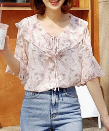 DHOLIC | フリルネックリボン花柄ブラウス(シャツ/ブラウス)