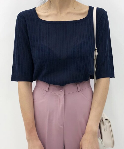 DHOLIC(ディーホリック)の「スクエアネックリブ半袖ニット(ニット/セーター・レディース・ホワイト/イエロー/グリーン/その他・FREE)」の4枚目の写真