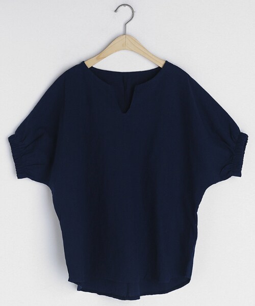 DHOLIC（ディーホリック）の「リネン混ネックスリット半袖ブラウス（シャツ/ブラウス・レディース・ブルー/その他/ピンク/ベージュ・FREE）」の4枚目の写真